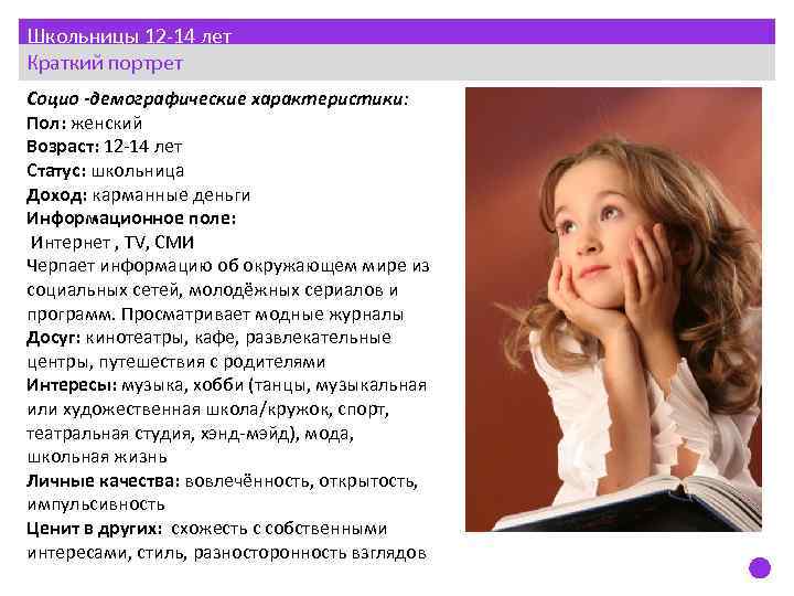 Школьницы 12 -14 лет Краткий портрет Социо -демографические характеристики: Пол: женский Возраст: 12 -14