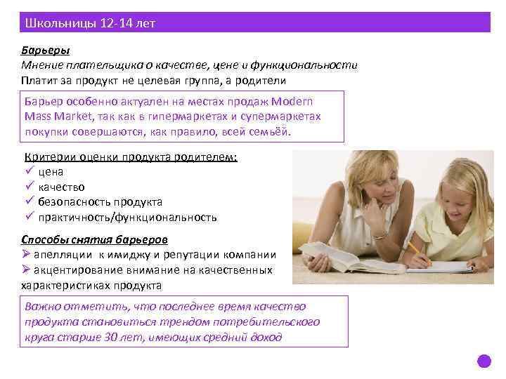 Школьницы 12 -14 лет Барьеры Мнение плательщика о качестве, цене и функциональности Платит за