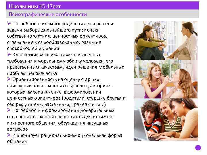 Школьницы 15 -17 лет Психографические особенности Ø Потребность в самоопределении для решения задачи выбора