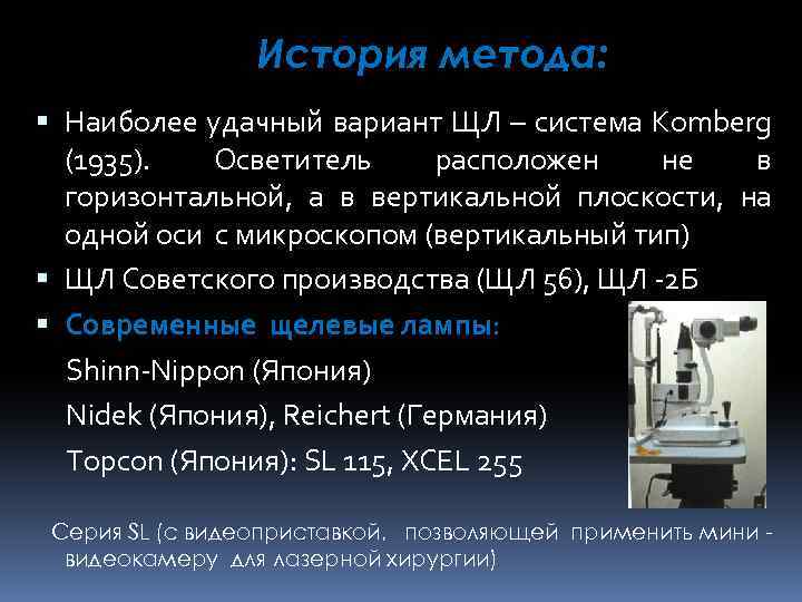 История метода: Наиболее удачный вариант ЩЛ – система Komberg (1935). Осветитель расположен не в