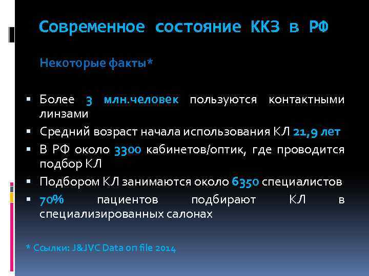 Современное состояние ККЗ в РФ Некоторые факты* Более 3 млн. человек пользуются контактными линзами