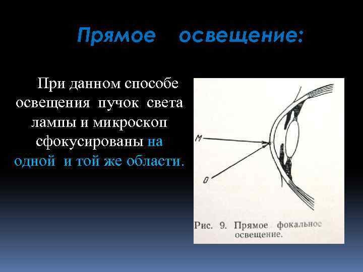 Прямое освещение: При данном способе освещения пучок света лампы и микроскоп сфокусированы на одной