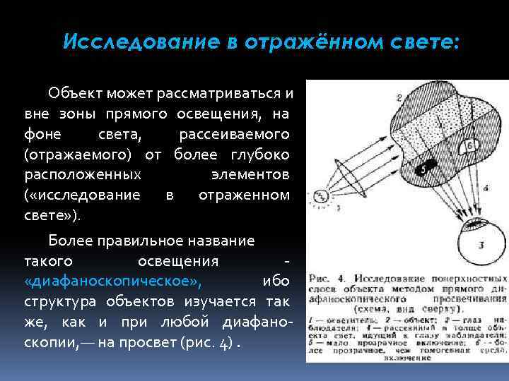 Исследование в отражённом свете: Объект может рассматриваться и вне зоны прямого освещения, на фоне