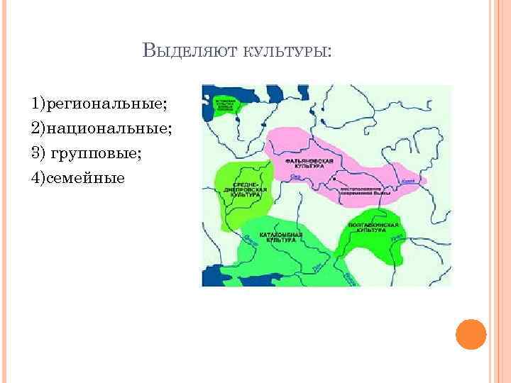 ВЫДЕЛЯЮТ КУЛЬТУРЫ: 1)региональные; 2)национальные; 3) групповые; 4)семейные 