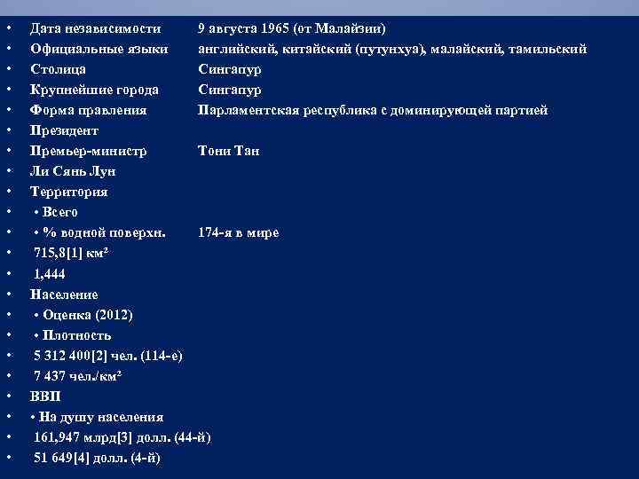  • • • • • • Дата независимости 9 августа 1965 (от Малайзии)