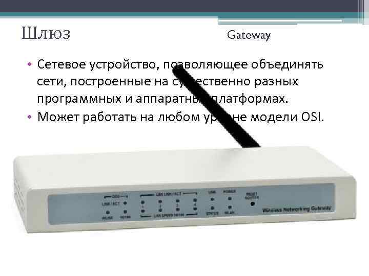 Шлюз Gateway • Сетевое устройство, позволяющее объединять сети, построенные на существенно разных программных и