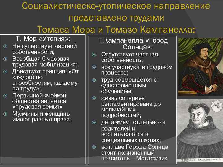 Социалистическо-утопическое направление представлено трудами Томаса Мора и Томазо Кампанелла: Т. Мор «Утопия» : Не