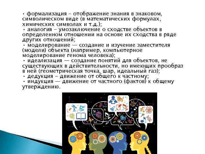  • формализация - отображение знания в знаковом, символическом виде (в математических формулах, химических