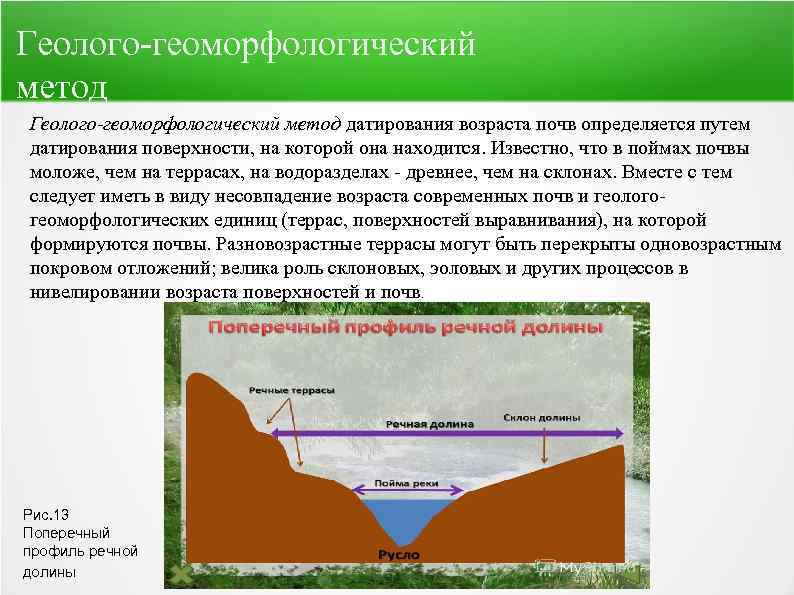 Геолого геоморфологический метод Геолого-геоморфологический метод датирования возраста почв определяется путем датирования поверхности, на которой
