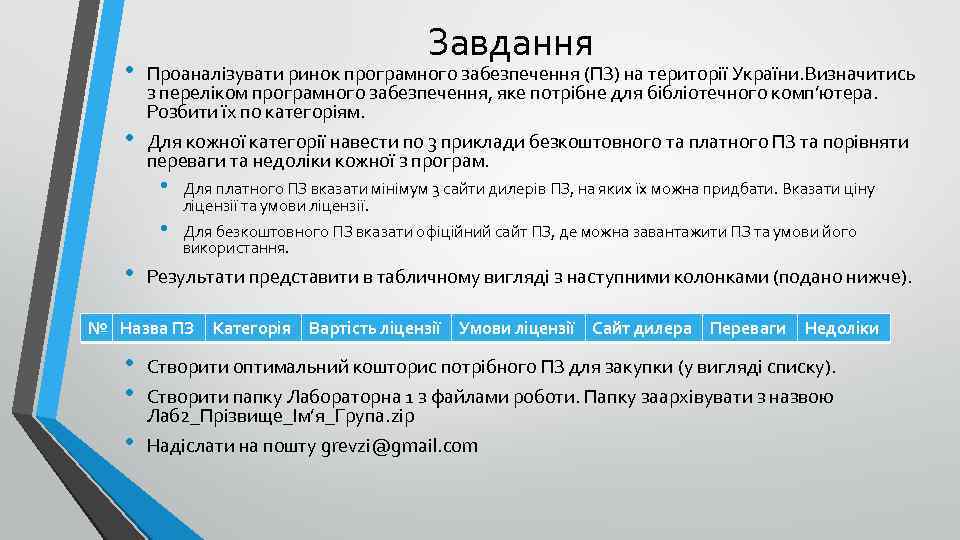  • • Завдання Проаналізувати ринок програмного забезпечення (ПЗ) на території України. Визначитись з