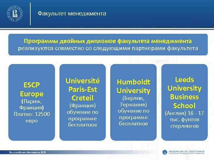 Факультет менеджмента Программы двойных дипломов факультета менеджмента реализуются совместно со следующими партнерами факультета ESCP