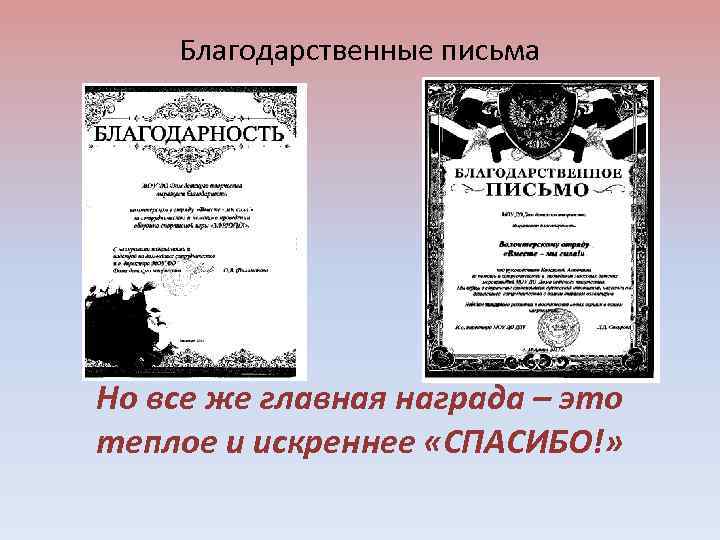 Благодарственные письма Но все же главная награда – это теплое и искреннее «СПАСИБО!» 