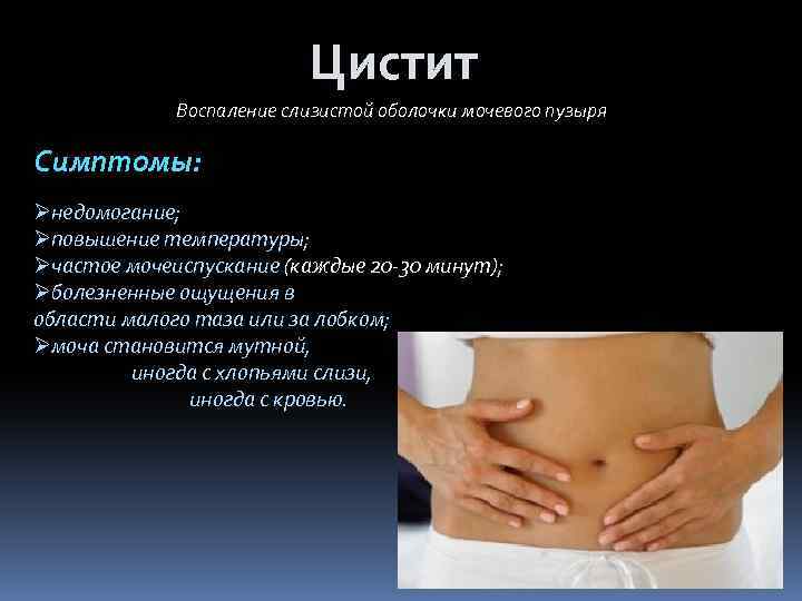 Цистит Воспаление слизистой оболочки мочевого пузыря Симптомы: Øнедомогание; Øповышение температуры; Øчастое мочеиспускание (каждые 20