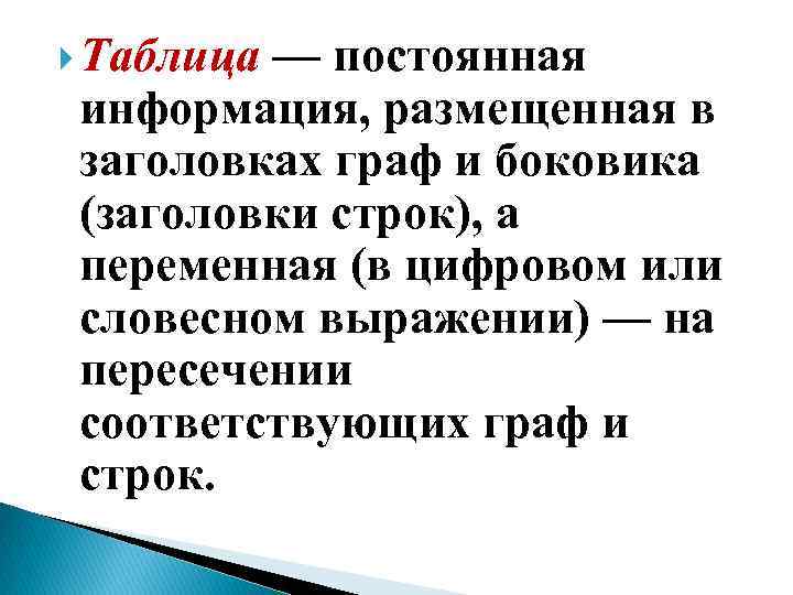  Таблица — постоянная информация, размещенная в заголовках граф и боковика (заголовки строк), а