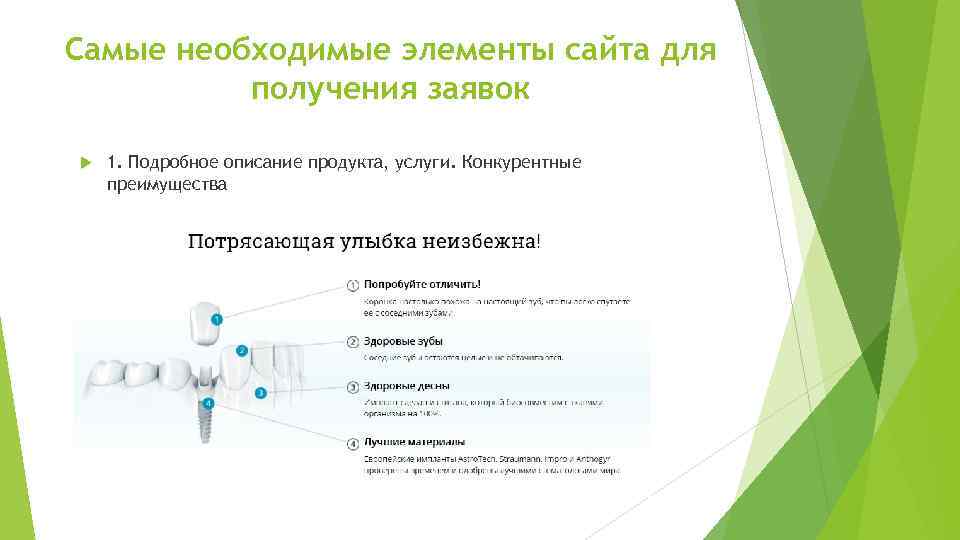 Самые необходимые элементы сайта для получения заявок 1. Подробное описание продукта, услуги. Конкурентные преимущества