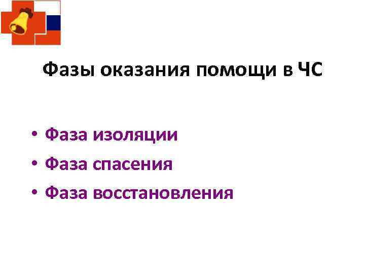 Фазы оказания помощи в ЧС • Фаза изоляции • Фаза спасения • Фаза восстановления