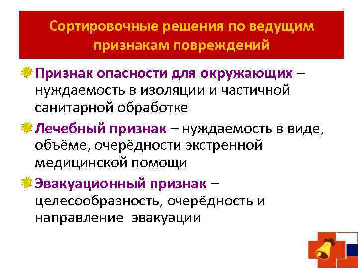 Сортировочные решения по ведущим признакам повреждений Признак опасности для окружающих – нуждаемость в изоляции