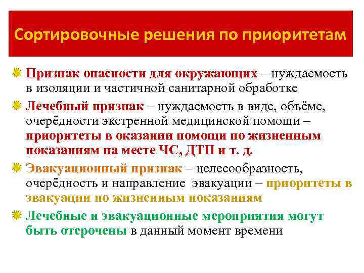 Сортировочные решения по приоритетам Признак опасности для окружающих – нуждаемость в изоляции и частичной