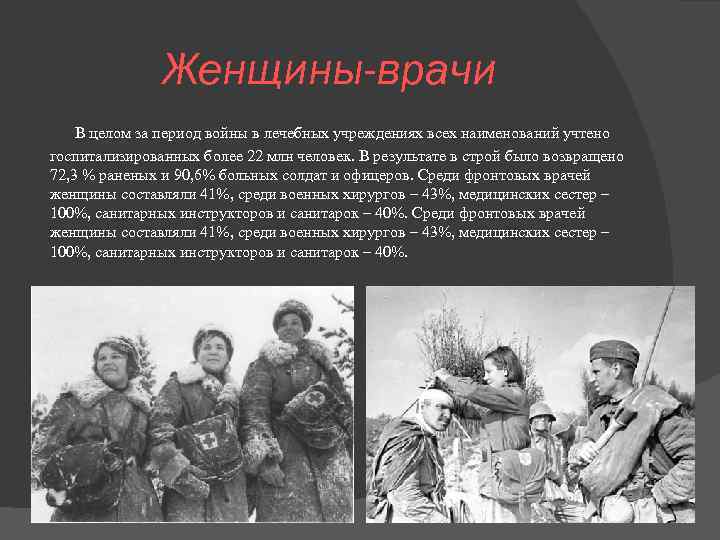 Женщины-врачи В целом за период войны в лечебных учреждениях всех наименований учтено госпитализированных более