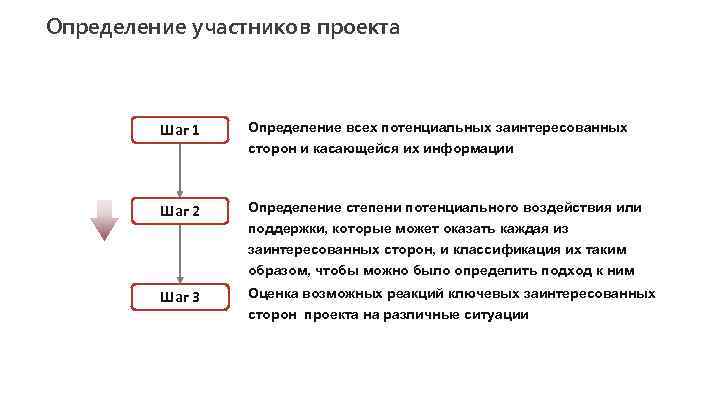 Определение участников проекта Шаг 1 Определение всех потенциальных заинтересованных сторон и касающейся их информации