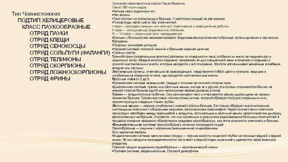 Тип Членистоногие ПОДТИП ХЕЛИЦЕРОВЫЕ КЛАСС ПАУКООБРАЗНЫЕ ОТРЯД ПАУКИ ОТРЯД КЛЕЩИ ОТРЯД СЕНОКОСЦЫ ОТРЯД СОЛЬПУГИ