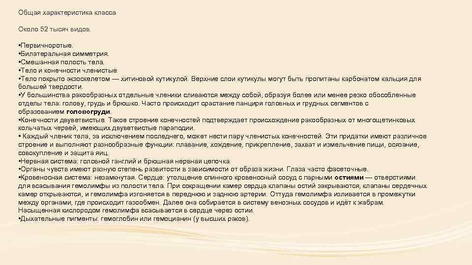 Общая характеристика класса. Тело покрыто хитином и карбонатом кальция.