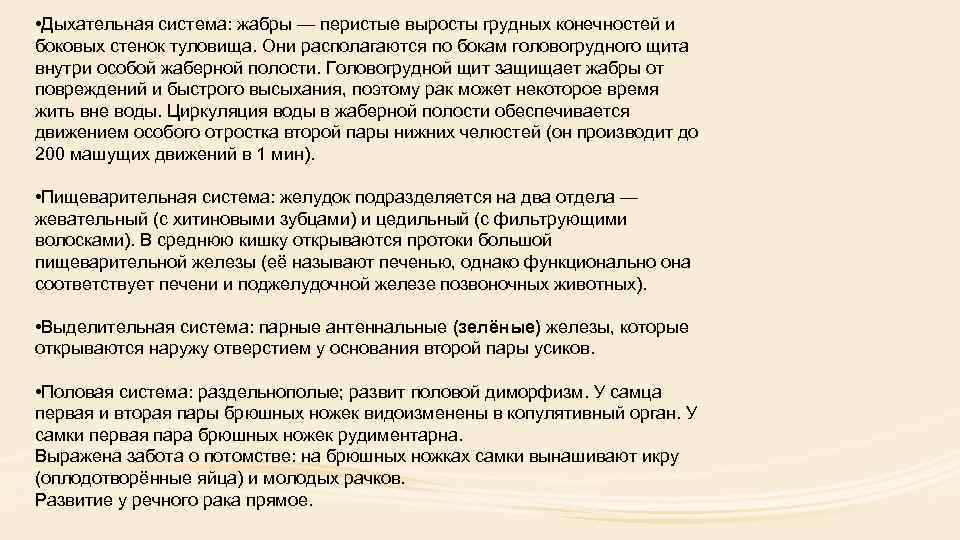  • Дыхательная система: жабры — перистые выросты грудных конечностей и боковых стенок туловища.