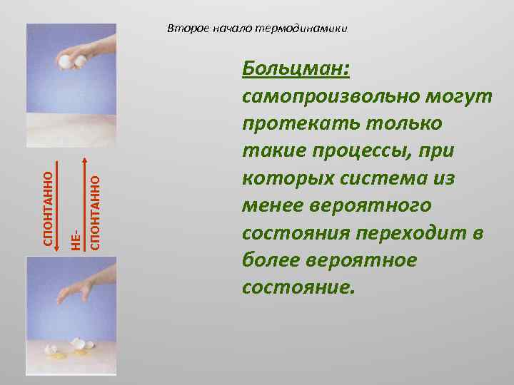 СПОНТАННО НЕ- СПОНТАННО Второе начало термодинамики Больцман: самопроизвольно могут протекать только такие процессы, при