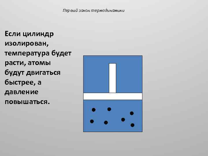 Первый закон термодинамики Если цилиндр изолирован, температура будет расти, атомы будут двигаться быстрее, а