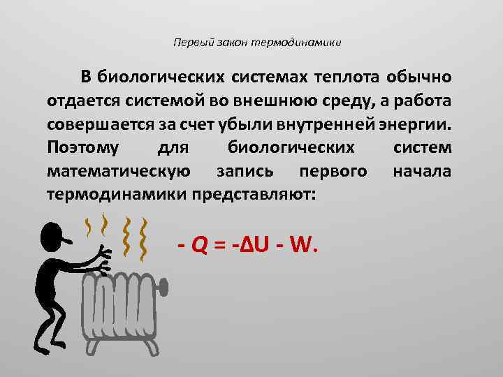 Первый закон термодинамики В биологических системах теплота обычно отдается системой во внешнюю среду, а