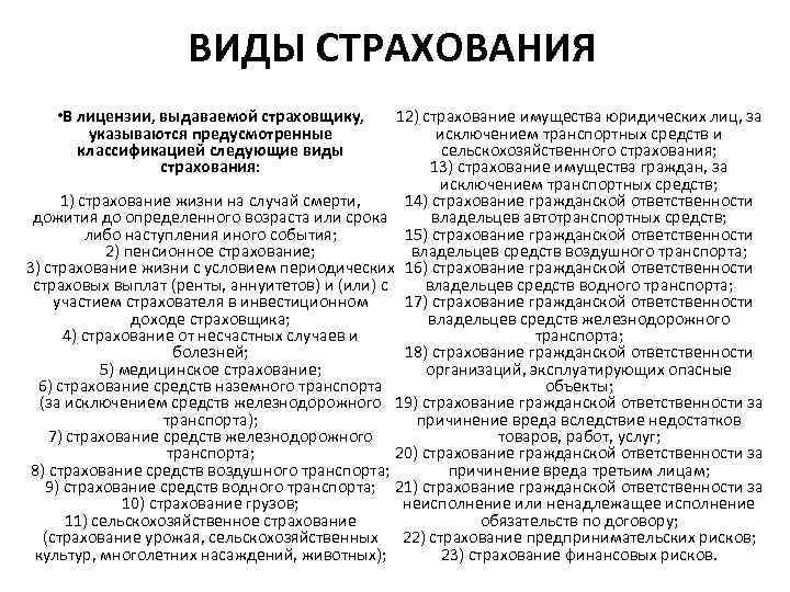 ВИДЫ СТРАХОВАНИЯ • В лицензии, выдаваемой страховщику, указываются предусмотренные классификацией следующие виды страхования: 12)