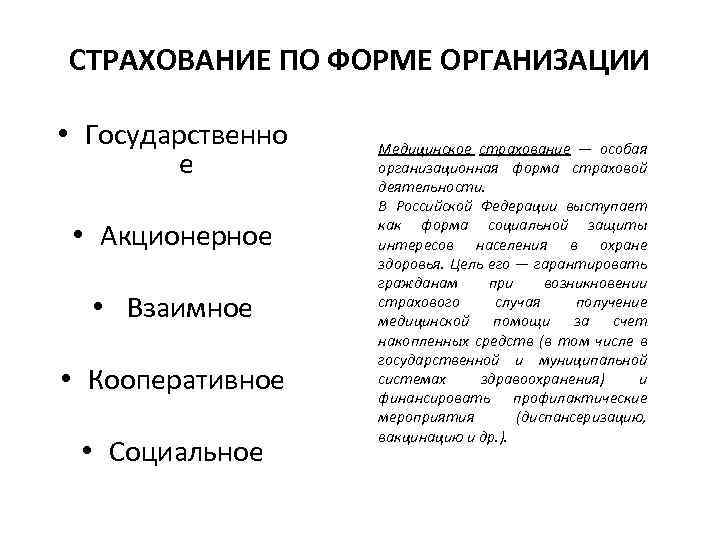 СТРАХОВАНИЕ ПО ФОРМЕ ОРГАНИЗАЦИИ • Государственно е • Акционерное • Взаимное • Кооперативное •