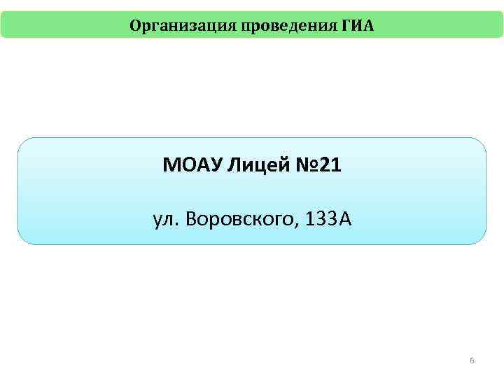 Организация проведения ГИА МОАУ Лицей № 21 ул. Воровского, 133 А 6 