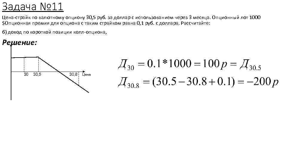 Задача № 11 Цена-страйк по валютному опциону 30, 5 руб. за доллар с использованием