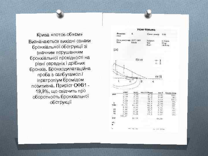 Крива «поток-об» єм» Визначаються вихідні ознаки бронхіальної обструкції зі значним порушенням бронхіальної прохідності на