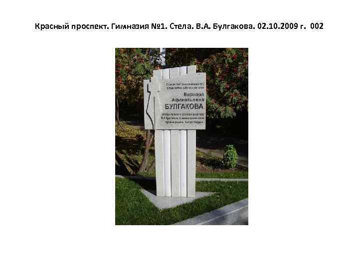 Красный проспект. Гимназия № 1. Стела. В. А. Булгакова. 02. 10. 2009 г. 002