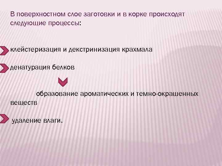 В поверхностном слое заготовки и в корке происходят следующие процессы: клейстеризация и декстринизация крахмала