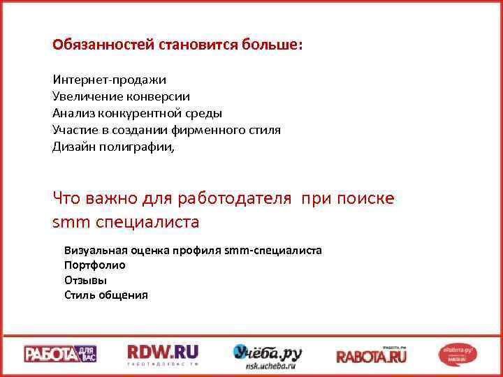 Обязанностей становится больше: Интернет-продажи Увеличение конверсии Анализ конкурентной среды Участие в создании фирменного стиля