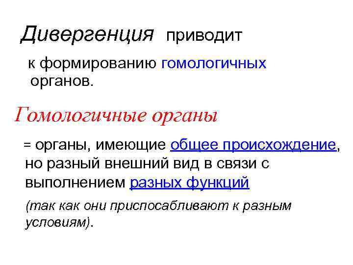 Дивергенция приводит к формированию гомологичных органов. Гомологичные органы = органы, имеющие общее происхождение, но