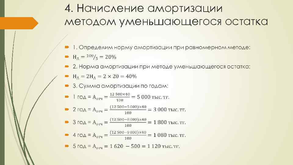 4. Начисление амортизации методом уменьшающегося остатка 