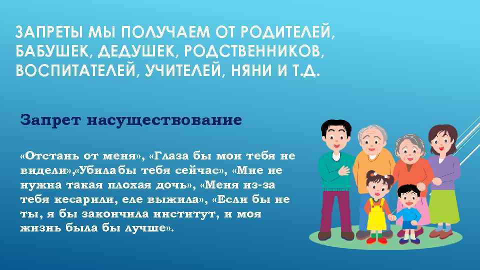 ЗАПРЕТЫ МЫ ПОЛУЧАЕМ ОТ РОДИТЕЛЕЙ, БАБУШЕК, ДЕДУШЕК, РОДСТВЕННИКОВ, ВОСПИТАТЕЛЕЙ, УЧИТЕЛЕЙ, НЯНИ И Т. Д.