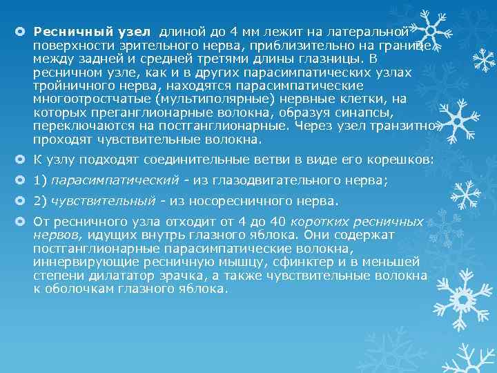  Ресничный узел длиной до 4 мм лежит на латеральной поверхности зрительного нерва, приблизительно