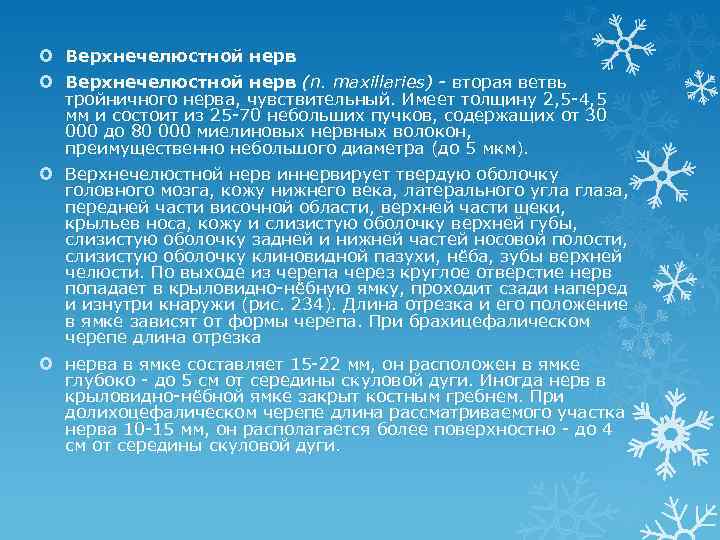  Верхнечелюстной нерв (n. maxillaries) - вторая ветвь тройничного нерва, чувствительный. Имеет толщину 2,