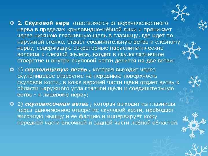  2. Скуловой нерв ответвляется от верхнечелюстного нерва в пределах крыловидно-нёбной ямки и проникает