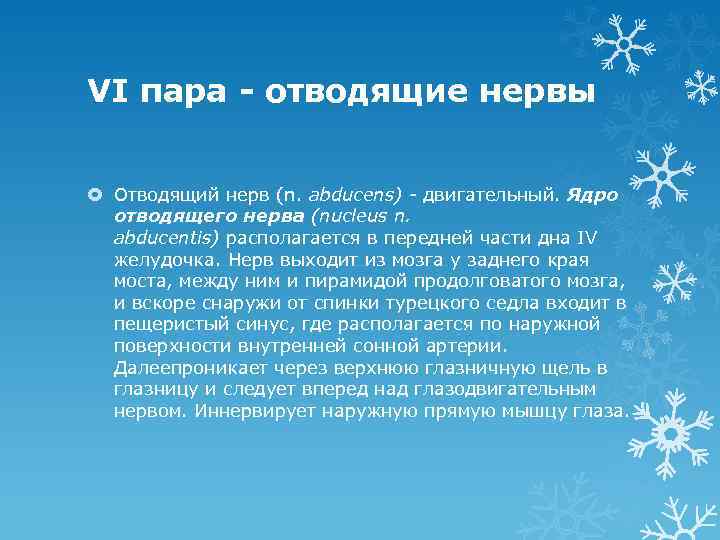 VI пара - отводящие нервы Отводящий нерв (n. abducens) - двигательный. Ядро отводящего нерва