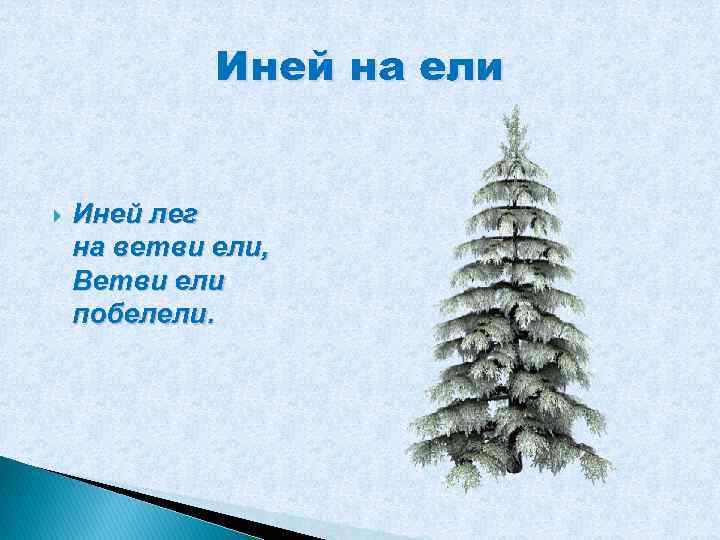 Иней на ели Иней лег на ветви ели, Ветви ели побелели. 