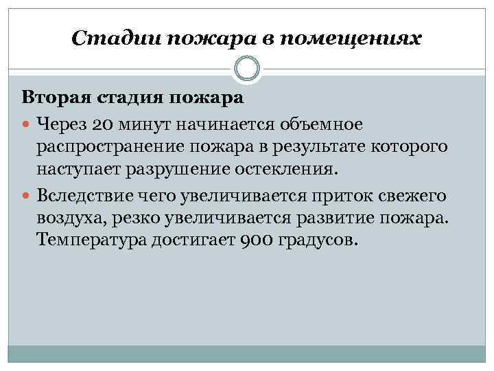 Стадии пожара в помещениях Вторая стадия пожара Через 20 минут начинается объемное распространение пожара