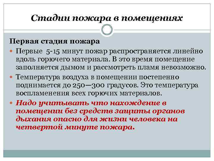 Стадии пожара в помещениях Первая стадия пожара Первые 5 -15 минут пожар распространяется линейно