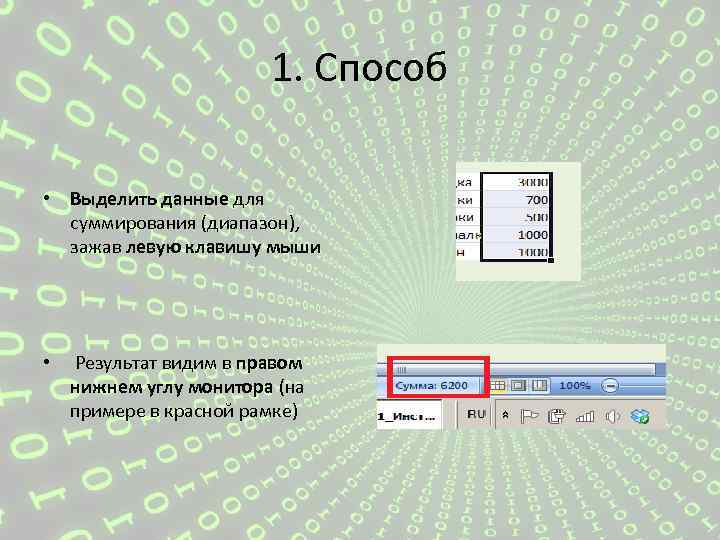 1. Способ • Выделить данные для суммирования (диапазон), зажав левую клавишу мыши • Результат