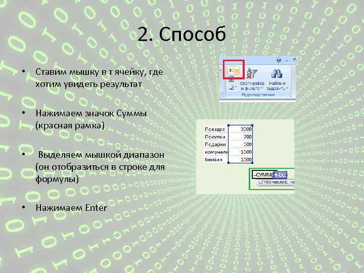 2. Способ • Ставим мышку в т ячейку, где хотим увидеть результат • Нажимаем